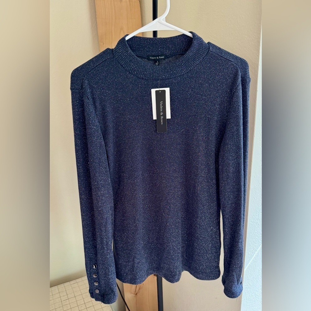 Violets and Roses Navy Crew Neck Metallic Sweater NWT